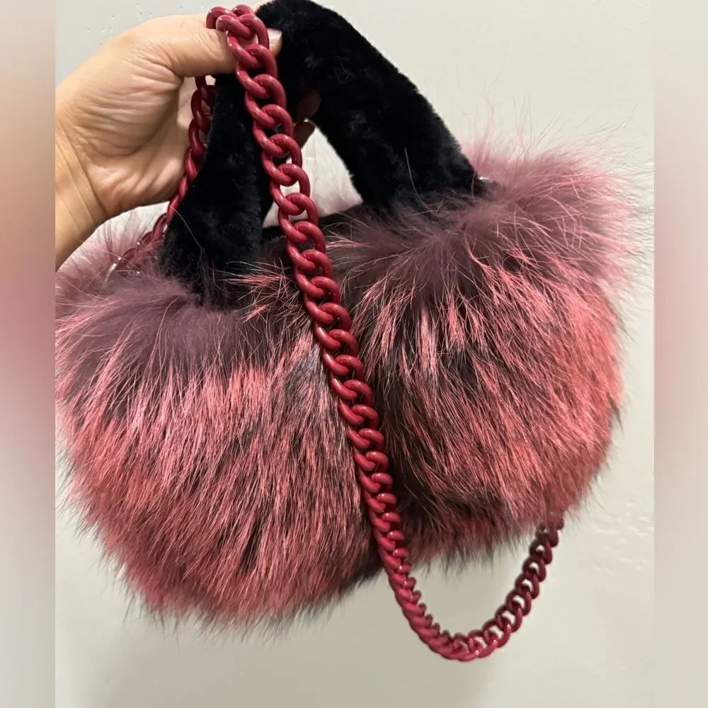 Maroon Handmade Dyed Real Fox Fur Bag With Fur Handle Includes 2 Strap Styles